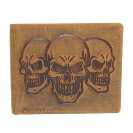 MARSHAL Men’s RFID Blocking Vintage Leather Bifold Wallet with Triple Skull Debossed Design (Tan)