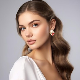 Red Rhinestone Pearl Drop Earrings Faux Pearl Statement Stud Earrings Crystal Wedding Prom Earrings for Women