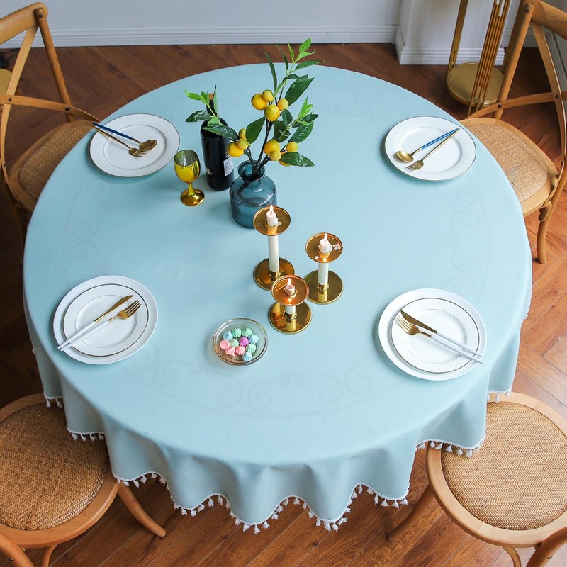 GOEXCPL Round Cotton and Linen Tablecloth with Fringes, Blue-Green Diameter