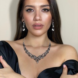 Ever Faith Wedding Bridal Crystal Teardrop Cluster Statement Necklace Dangle Earrings Jewellery Set for Women Grey Silver-Tone