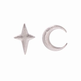 925 Sterling Silver Asymmetrical Earring Studs Crescent Moon/Sparkle Star, White Rhodium Plating