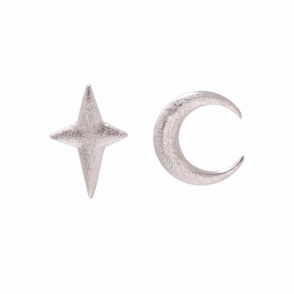 925 Sterling Silver Asymmetrical Earring Studs Crescent Moon/Sparkle Star, White