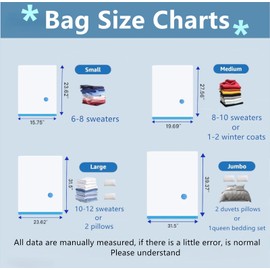 MICITHYS 6 Pack Vacuum Storage Bags, Blue Transparent, Airtight Dust Moisture-Proof, Extra Large Capacity, 80% Space Saving Bag, Includes Hand Pump(2 Medium/2 Large/1 Jumbo)