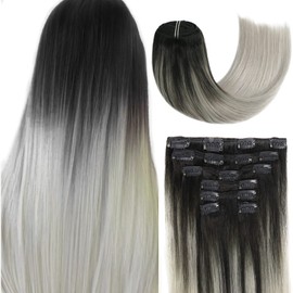 Clip in Hair Extensions 120G Ombre Natural Black to Silver Gray Remy Human Hair Extensions Soft Silky Straight for Fashion Women 7pcs 17clips 16Inch)