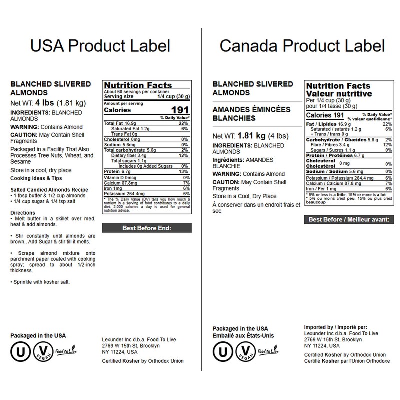 Food to Live - Blanched Slivered Almonds, 4 Pounds Chopped