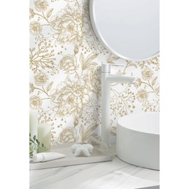Safiyya Peel and Stick Wallpaper Boho Floral Contact Paper 78.7" x 17.3" Gold and White Wall Paper Modern Self Adhesive Removable Wallpaper for Bedroom Bathroom Vinyl Rolls