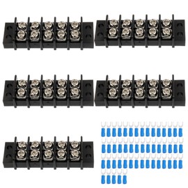 JAMHER 5 Circuits 5 Positions Terminal Block 20-30A 200-450V Dual Row Screw Terminals Strip with 50 PCS Heat Shrink Wire Fork Connectors(Pack of 5pcs)