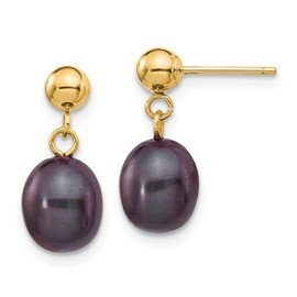 14K Yellow Gold 7-8mm Black Rice Freshwater Cultured Pearl Dangle Post Earrings
