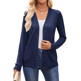 Halife Lightweight Cardigans for Women with Pockets, Long Sleeve Dressy Cardigan Fall Outfits Open Front Knitted Sweater Trendy Navy Blue S
