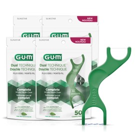 GUM Dual Technique Flosser Picks, Complete Whole Mouth Clean, Front and Back Reach with Twisted Plaque-Grabbing Floss, Fresh Mint Flavour, Forest Green, 4 Bags X 50ct (200 Flossers)