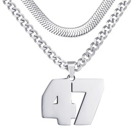 Number Necklace, Layered Necklace for Men, Jersey Number Necklace for Boy Athlete, 18+20 In Silver Chain for Men With Number 47 Pendant, Basketball Football Baseball Number Necklaces for Boys