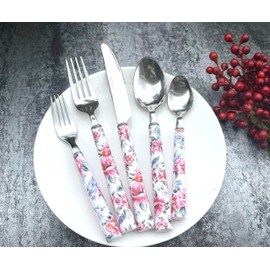 Elegant Peony Flower 20-Piece Stainless Steel Flatware Set – Durable, Modern Cutlery set, Service for 4 People, Perfect for Home, Weddings, Parties, and Everyday Use (Plastic Handle, Dishwasher Safe)