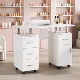 Curtainboro Manicure Table Nail Desk, Nail Station with Electric Dust Collector, Wrist Rest and Storage Drawers Cabinet, Beauty Salon Workstation for Nail Tech, White