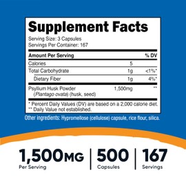 Nutricost Psyllium Husk 1500mg Per Serving, 500 Capsules - Non-GMO & Gluten Free