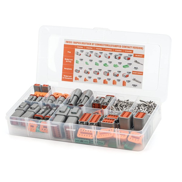 IWISS Deutsch DT Series Connector Assortment, Size 16 Stamped Contacts, Waterproof Automotive Electrical Connectors, 188 Pieces