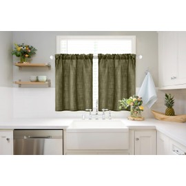 MIULEE Cafe Curtains 24 Inch Length Half Window Curtain Semi Sheer Farmhouse Short Linen Drapes for Kitchen Bathroom Basement Small Window, Rod Pocket Tier Curtains 2 Panels, Light Olive Green