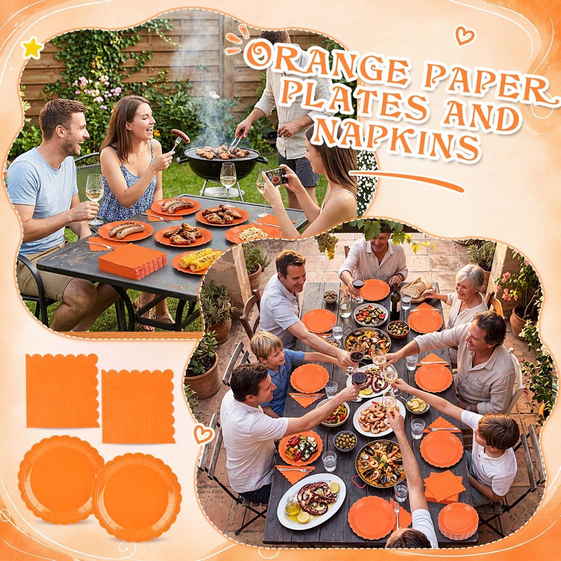120 Pcs Orange Paper Plates and Napkins,7 Inch Scalloped Fall
