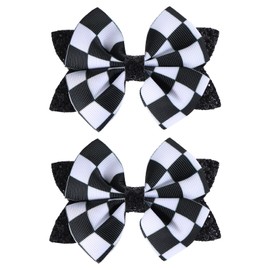 Glitter Racing Checkered Flag Hair Bows Clips 4 inch Black White Buffalo Plaid Ribbon Pigtail Alligator Barrettes Kids Race Fan Car-Themed Birthday Party Gift Accessories