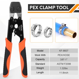 KF CPTEC PEX Clamp Tool for 1/2 inch and 3/4 inch PEX clamp rings - Pipe clamp crimping tools for 3/8 to 1 inch PEX cinch clamps, PEX clamp pliers