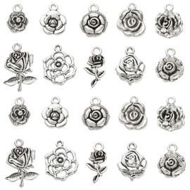 LiQunSweet 100 Pcs 10 Styles Plant Charm Rose Flower Charms for Jewelry Making Bracelet Necklace Earrings Bulk DIY