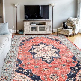 FlyDOIT Vintage Area Rugs for Living Room, 4x6 Red Blue Floral Medallion Washable Rug for Bedroom, Faux Wool Ultra Soft Retro Accent Rug, Non Slip Indoor Carpet for Kitchen Office Dining Room Decor
