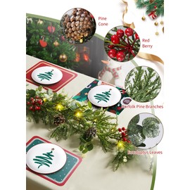 Brightown Christmas Garland with Lights, 6 Ft LED Battery Operated Christmas Lights with Pine Cones, Berry, Eucalyptus Leaves, Indoor Christmas Decorations for Stairs Fireplace Door, 2 Pack