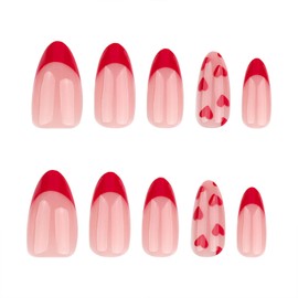 SINHOT Valentines Day Press on Nails Medium Almond Fake Nails Glossy Glue on Nails Cute Love Heart Stiletto Artificial Nails Red French Tip Acrylic Nails False Nails with Design 24 pcs