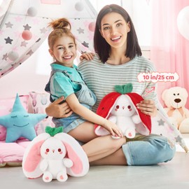 seOSTO Strawberry Bunny Plush Toy 10inch/25cm Cute Plushies Reversible Cuddly Rabbit Gifts for Babies Boys Girls, Birthday Presents, Nursery Decor
