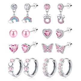 Kakonia 8 Pairs of Earrings Girls Children 316L Stainless Steel Hypoallergenic CZ Heart Hoop Earrings Pearl Butterfly Screw Back Stud Earrings Multicoloured Drop Dangle Earrings Set, Stainless Steel