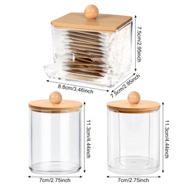 Cotton Buds Storage Set, Acrylic Cotton Pad Dispenser with Bamboo Lids, Organiser for Make-Up, Ideal for Cotton Pads, Cotton Buds & More, Accessories for Dressing Table and Bathroom