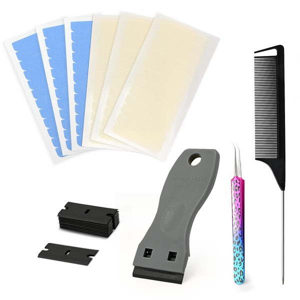 EHDIS Tape Extensions Glue Kit, with Tweezers, Scraper and Comb, 24 Pieces Double-Sided Replacement Tape and 24 Pieces Single Sided Tap, for Hair Extensions, Hair Extensions, Wigs