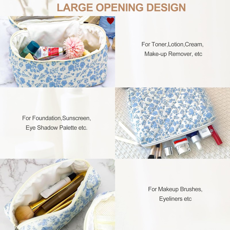 TOPALL Makeup Bag,Cosmetic Bag,Floral Cotton Quilted Makeup Bag,Classic Toiletry Bag,Cosmetic