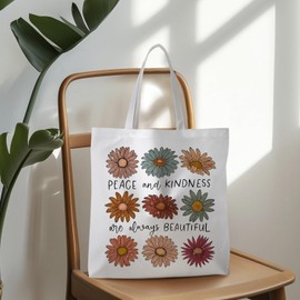 ignytiger Retro Floral Mental Health Tote Bag, Inspirational Canvas Tote Bags for Women, Peace and Kindness Motivational Daisy Floral Reusable Grocery Shopping Bag