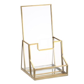 SUMTree Gold Metal Glass Brochure Holder Stand with Business Card Holder Countertop literature Holder Display Stand Pamphlets Flyers Storage Holder, 11 * 11 * 20cm