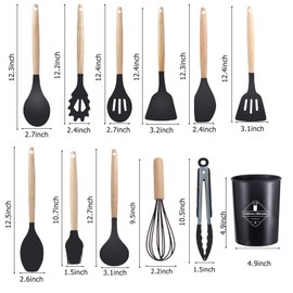 juego de utensilios de cocina, 12 piezas utensilios de cocina, espatulas de silicona para cocinar, utensilios de cocina,con espátula volteador batidor cuchara soporte, resistente al calor, gris