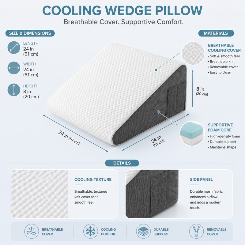 Wedge Pillow for Sleeping & Reading – Breathable Elevated Foam