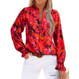 MASCOMODA Womens V Neck Floral Long Sleeve Tops 2025 Summer Casual Loose Puff Sleeve Chiffon Boho Work Blouse Dressy T Shirts(Red Flower,Large)