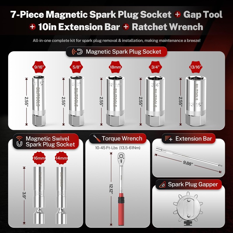 BILITOOLS 10 PCS Magnetic Spark Plug Socket Set with Click