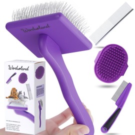 Werduoland Werduoland Ergonomic Slicker Brush for Long-Haired Cats - Wooden Handle, Long Pins for Grooming Loose Hair (Purple)