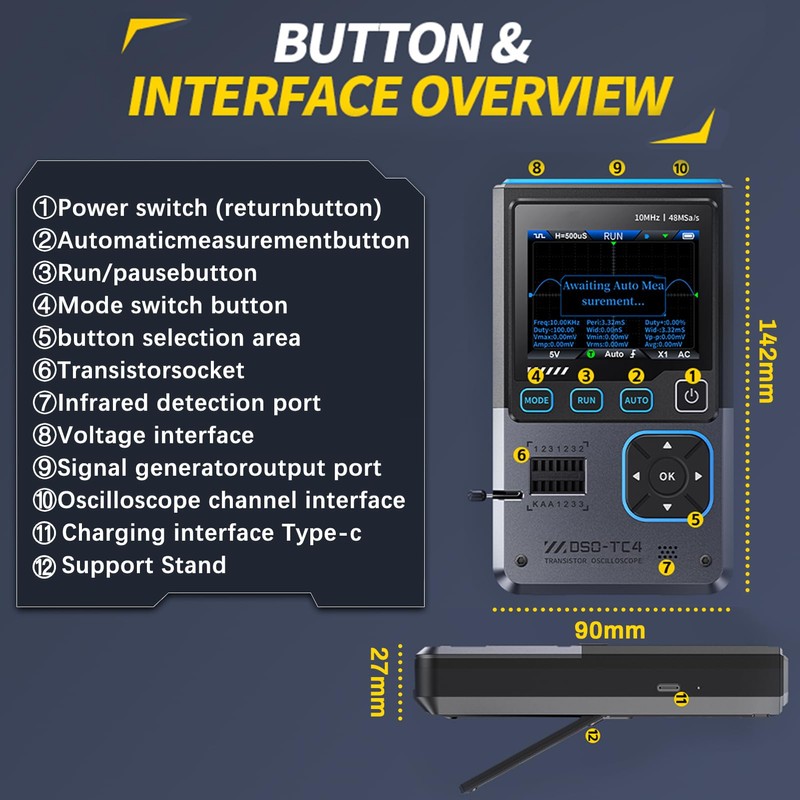 DEWIN Oscilloscope, 3 in 1 DSO-TC4 Oscilloscope Transistor Tester, Signal