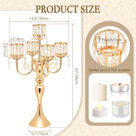5 Arm Elegant Crystal Candle Holder,Candlestick for Wedding Table Centerpiece, 22 Inch Tall Candle Holder Table Candelabra Event Party Table Centerpiece,Home Decoration. (4, Gold, Square Crystal)