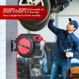 Air Hose Reel 50 FT Retractablel, 3/8 IN x 50 FT Hybrid Hose Air Compressor Hose Reel Max 350 PSI with 5 FT Lead in, Ceiling/Wall Mount Enclosed Air Reel, 180° Swivel Mount