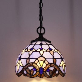 SYETL Small Tiffany Pendant Light Stained Glass Plug in Hanging Lamp 8 Inch Adjustable Height Hanging Chandelier Pendant Fixture for Home Kitchen Island Dining Room Hallway (Blue Baroque Style)