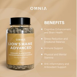 OMNIA OMNIA Lion's Mane 2000mg Tablets C15:1 High Strength Extract Cwith Ashwagandha, Organic Black Pepper & Vitamin B1 C180 Vegan Tablets CUK Made Brain Supplement for Focus & Clarity