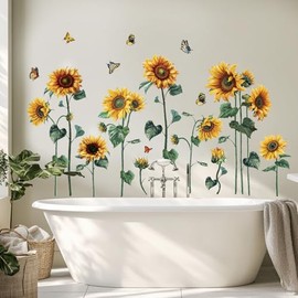 Watercolor Sunflower Wall Sticker Peel and Stick Flower Butterfly Wall Decal Vintage Floral Plant Wall Art Mural Green Leaf Wall Stickers for Living Room Bedroom Decor