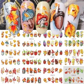 12Pcs Maple Leaf Nail Stickers Fall Nail Art Water Decals Chili Mushroom Sunflower Pumpkin Ladybug Pine Cones Design Sliders Transfer Foils Autumn for Women Nails Thanksgiving Day Manicure Decorations