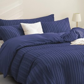 JELLYMONI Navy Blue Duvet Cover King Size - 3PCS Microfiber Tufted Duvet Cover Set, Boho Striped Tufted Textured Duvet Cover with Corner Ties & Zipper Closure