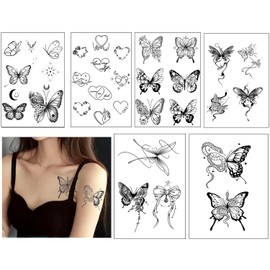 HOREJIA Jagua Tattoo Pokmill Tattoo Stickers Tattoo Stickers 2 Weeks Tattoos Set of 6 Tattoo Stickers Korean Henna Tattoo Butterfly Flower Snake Spider Waterproof Long Lasting Fashion Cute Women Tattoo Stickers (A-HEI)
