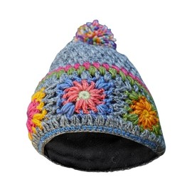 Pachamama Women Wool Beanie Bobble Hat Fleece Lined Hand Crocheted Flower Pattern Multicoloured One-Size Handmade Extra Warm Fair Trade (Wool, Grey, Multicoloured)