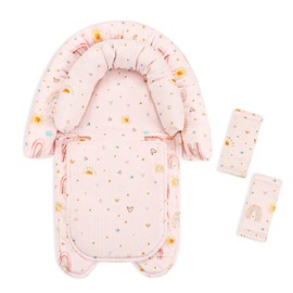 CARUILI Baby Car Seat Head Support & Strap Covers, Upgraded 2-in-1 Infant Car Seat Insert Cushion for Newborn Girls, Perfect for Carseat, Stroller, Swing, Extra Soft, Pink